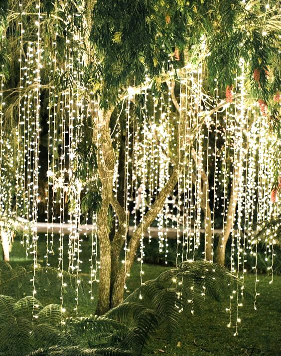 Wedding curtain lights creating an enchanted forest
